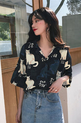 Short Sleeve Cute Cat Pattern Blouse Shirt